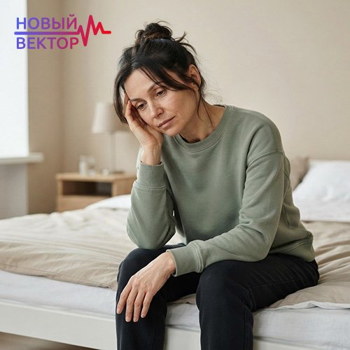 Женщина с выраженной усталостью и слабостью, испытывающая эмоциональное и физическое недомогание при необходимости лечения зависимости от Лирики